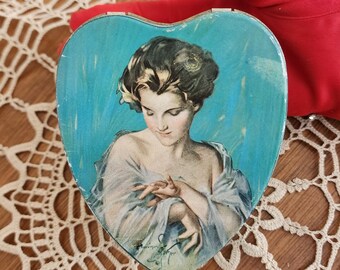 Antique 1920 Harrison Fisher "His Pledge" TINDECO Heart Shaped Tin - Vintage Art Deco Collectible  Valentine Engagement Tin