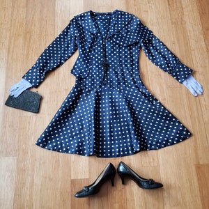 Vintage Flapper Jazz-tijdperkstijl jurk blauw met witte stippen - Sailor-Style lage taille Rayon Flapper-Sz S