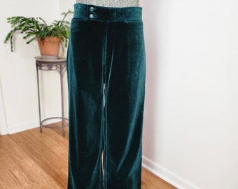 Authentic Vintage '70's Emerald Green Velvet BellBottom Pants  -  1970's Boho Plush Mid Rise Wide Leg Pants - sz L