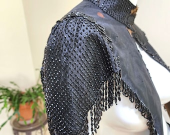 Vintage/Antique Victorian Beaded Black Silk Mourning Cape  - 1800's Hand Beaded Cape w/Black Glass Beads & Beaded Fringe - As Is