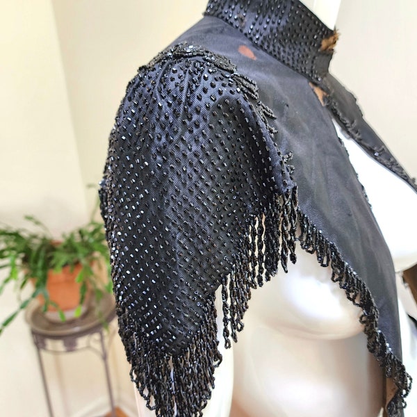 Vintage/Antique Victorian Beaded Black Silk Mourning Cape  - 1800's Hand Beaded Cape w/Black Glass Beads & Beaded Fringe - As Is