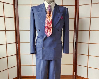Vintage Authentic 50's Zoot Suit - 1950's Blue Wool Double Breasted Suit Jacket & Pleated Trousers by Gramercy Park w/Union Label - sz L