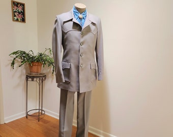 Vintage '70's H Bar C 2pc Grey Suit w/Union Label - Double Point Yoke on Jacket - Western Suit, Cowboy Suit,  Rockabilly Suit sz 38-40