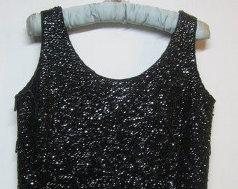 Vintage 1960's Black Sequin & Black Bead Shimmer Sheath Wiggle Blouse-New Year's Eve Top