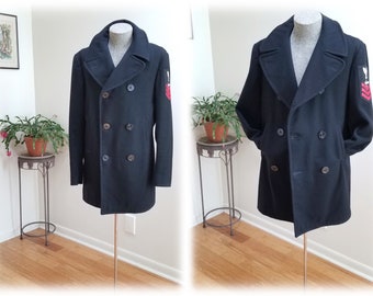 Authentic Vintage Navy PEA COAT Jacket - Double Breasted  Blue Wool US Military Coat w/Anchor Buttons sz 38L