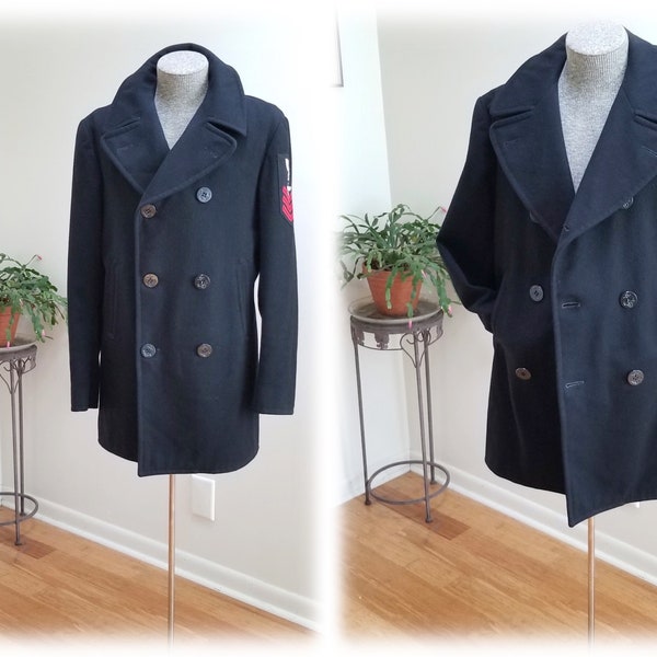 Authentic Vintage Navy PEA COAT Jacket - Double Breasted  Blue Wool US Military Coat w/Anchor Buttons sz 38L