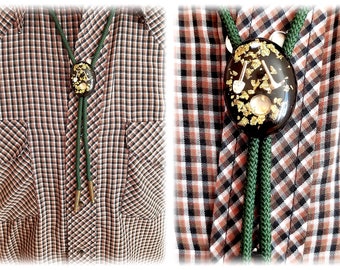 Vintage Novelty Gold Rush Bolo Tie on Green Cord - Fools' Gold Bolo Tie w/Miniature Pick, Shovel, Gold Pan & Faux Gold Flakes