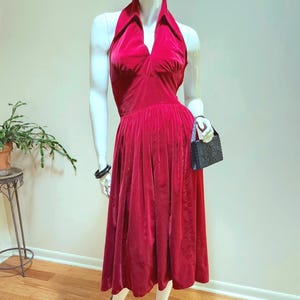 Authentic Vintage '50s Kay Selig Ruby Red Velvet Halter Dress  -  Sexy Marilyn Monroe-Style Party Dress -  Rockabilly Backless Dress sz M