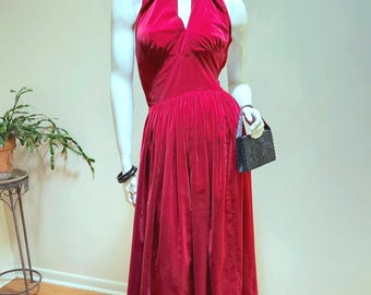 Auténtico vestido halter rojo rubí de Kay Selig, estilo años 50 - Vestido sexy de fiesta estilo Marilyn Monroe - Vestido rockabilly sin espalda, talla M