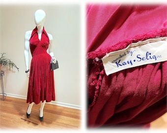Authentic Vintage '50s Kay Selig Ruby Red Velvet Halter Dress  -  Sexy Marilyn Monroe-Style Party Dress -  Rockabilly Backless Dress sz M