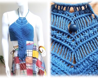 Authentic Vintage '70's Blue Beaded Crocheted Halter Top - Sexy Sassy Hand-Tie Halter Top
