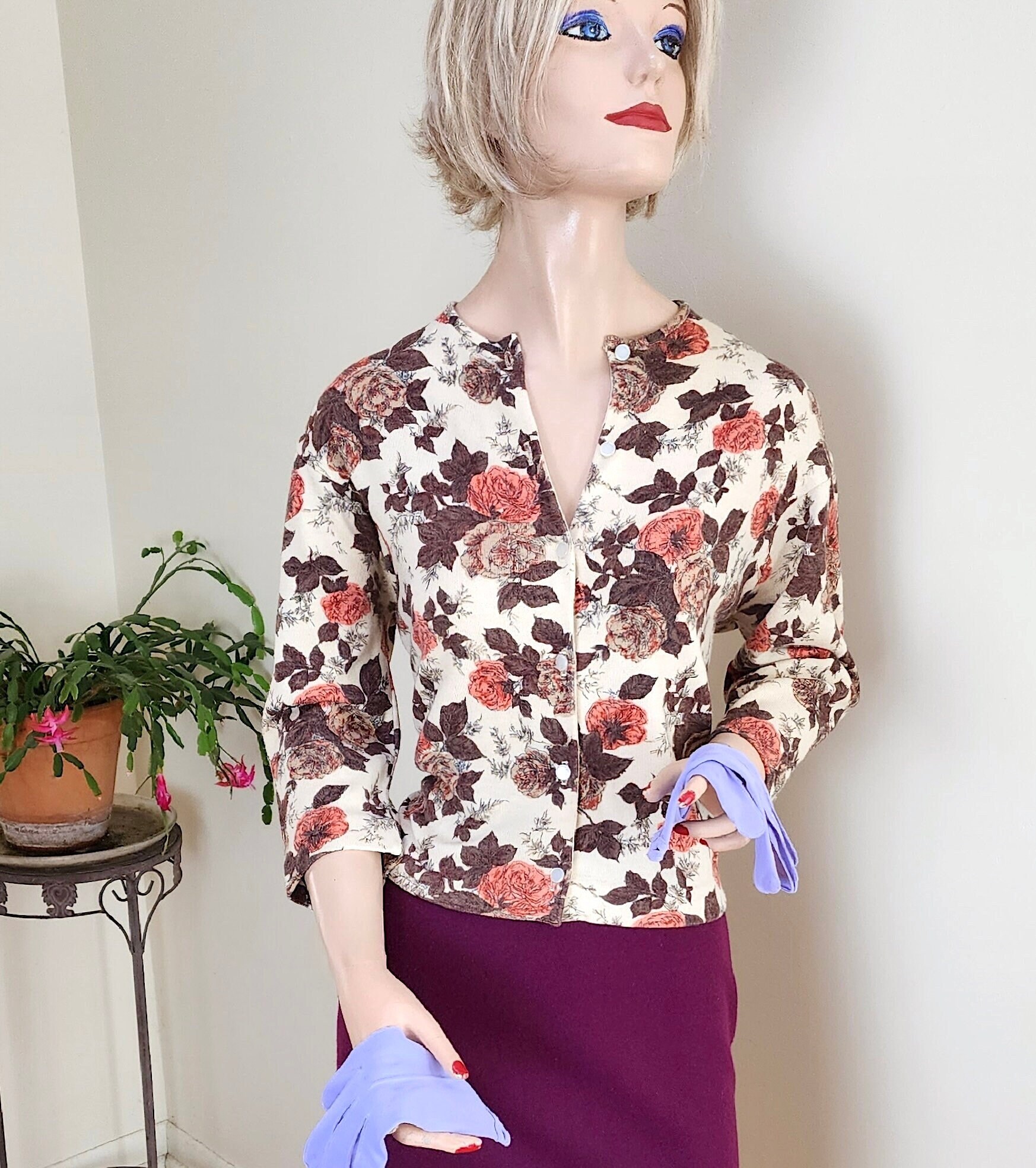 ▪️50’s【JANTZEN】VINTAGE CARDIGAN Vintage '50's -'60's JANTZEN Rose Pattern Knit Cardigan Sweater