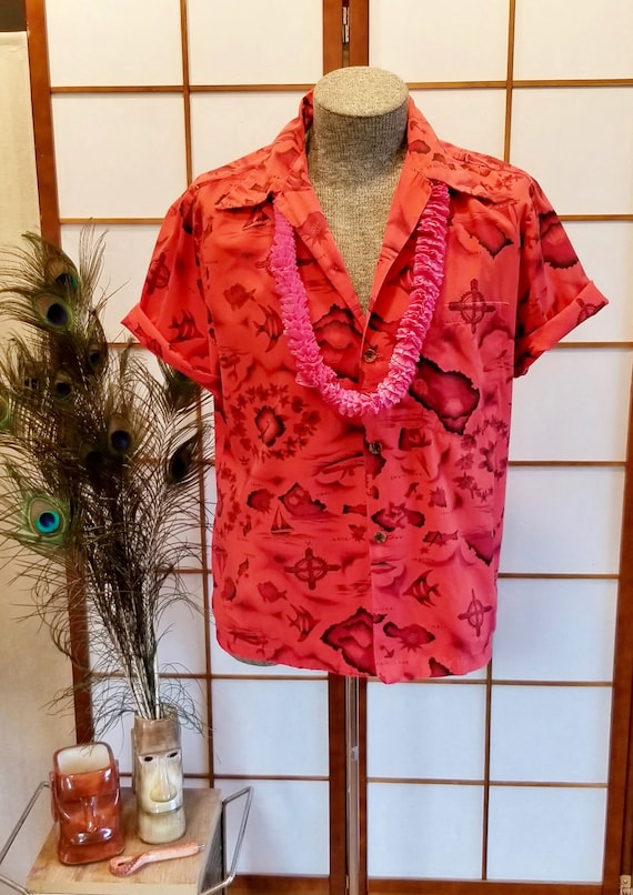Vintage 1960's Ui Maikai Red Hawaiian Tiki Shirt -