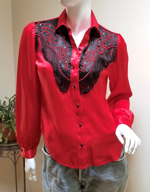 Sexy Vintage '80's Red  & Black Satin Panhandle S… - image 3