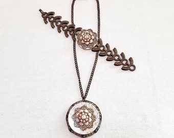 Vintage &#39;50s  2pc Copper & Confetti Necklace + Bracelet Set - Striking MCM Copper Jewelry Set