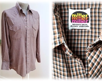 Vintage '80's Miller Brown & Black Plaid Western Shirt w/Smokey Pearl Snap Buttons sz 15 1/2-33