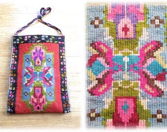 Vintage '60's-'70's Woven Wool Tapestry Carpet Bag Purse - Handmade Folk Art Shoulder Strap Purse