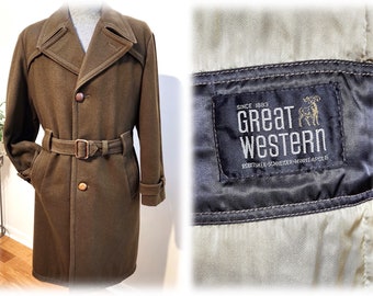 Vintage  '50's-'60's Brown Wool "Great Western" Belted Coat - Cowboy-Style 3/4 Length Lined Wool Jacket w/Matching Belt - sz 38
