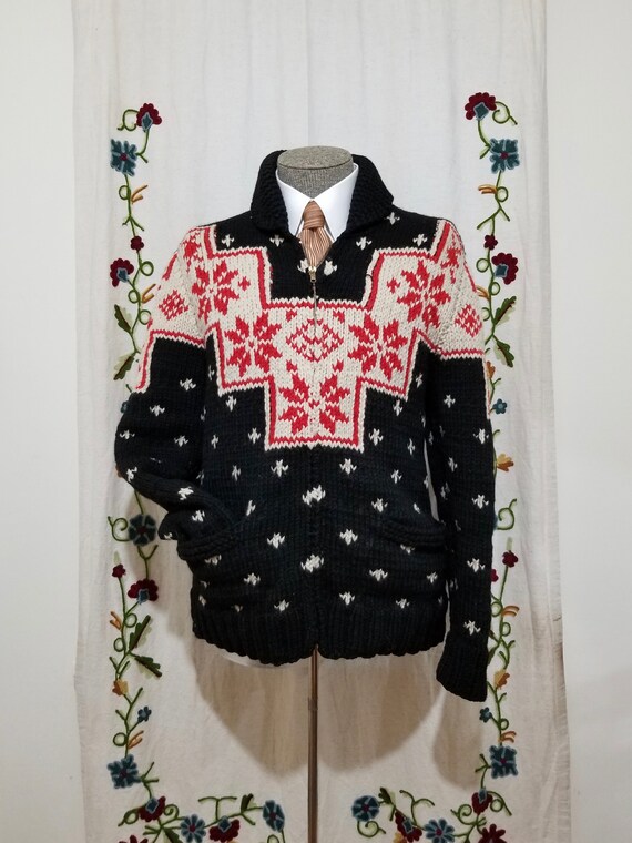 Vintage Man's Cowichan-Style Cardigan Sweater-Blac