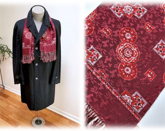 Vintage '50's Burgundy Red Rayon Jacquard Muffler/Neck Scarf