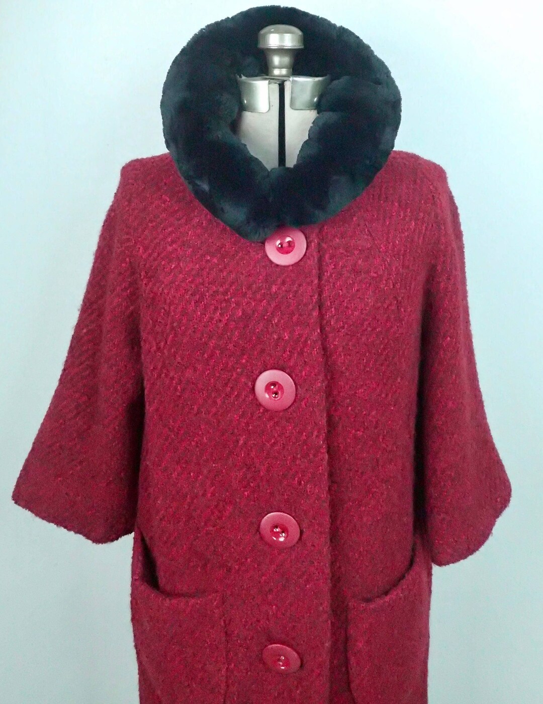 Vintage 1960's Woman's Red and Black Wool Coat W/faux - Etsy