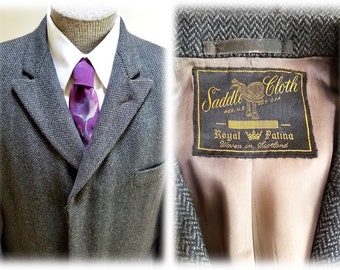 Vintage '60's Herringbone Scottish Tweed Overcoat - "Saddle Cloth Royal Patina"  Wool Coat From Saks Fifth Ave New York - sz 40R