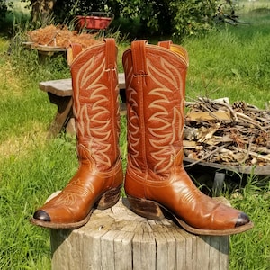 Vintage NACONA Brown Leather Men&#39;s Cowboy Boots size 7 D - Distressed Retro Western Boots w/Elaborate White Stitching and Rounded Toes