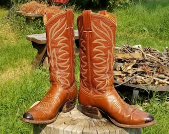 Vintage NACONA Brown Leather Men's Cowboy Boots size 7 D - Distressed Retro Western Boots w/Elaborate White Stitching and Rounded Toes