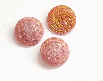 Vintage/Antique 1" Victorian Pink Etched Glass Shank Buttons w/Gold Details - 2 Florals + 1 Nautilus