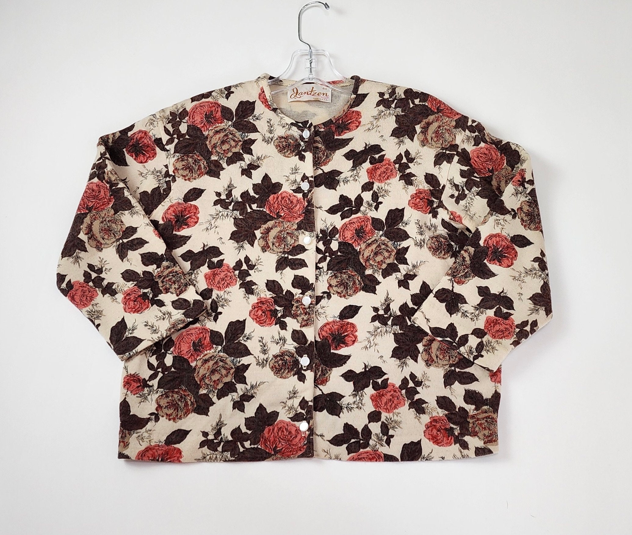 Vintage '50's -'60's JANTZEN Rose Pattern Knit Cardigan Sweater