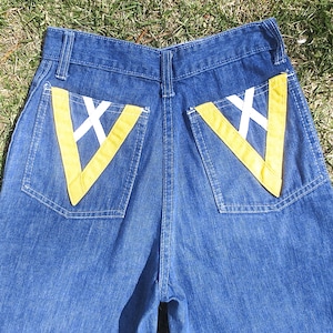 Vintage 1970&#39;s High Rise Denim Jeans w/Bright &quot;V&quot; & &quot;X&quot; Emblems on Back Pockets- Retro size 12