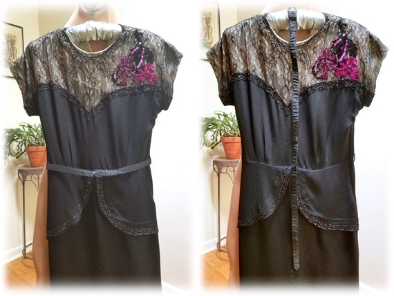 RARE Vintage '40's Beaded Black Rayon Crepe Dress… - image 7