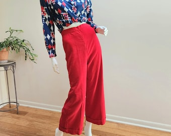 Vintage '50's RED Corduroy High Rise Wide Leg Pants - Cuffed Side-Zip Katherine Hepburn Trousers sz SM