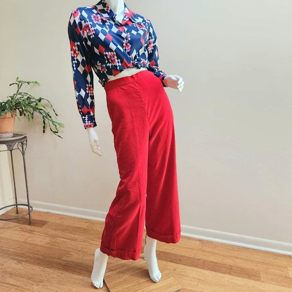 Vintage '50's RED Corduroy High Rise Wide Leg Pants - Cuffed Side-Zip Katherine Hepburn Trousers sz SM