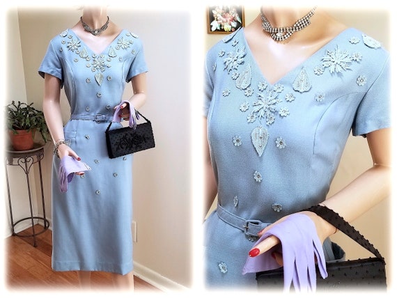 RARE Vintage '50's Sky Blue Linen Sheath Dress w/… - image 1