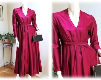 Vintage '70's Deep Red Satin Ruched Maxi Dress - Perfectly Glamorous Holiday Gown w/Swirling Skirt SZ Medium