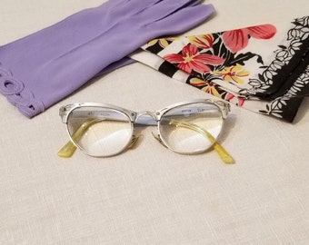 Authentic Vintage '50's Cat Eye 12K Gold Fill + Aluminum Glasses- Decorative Scrollwork on Frames - THICK Prescription Lenses