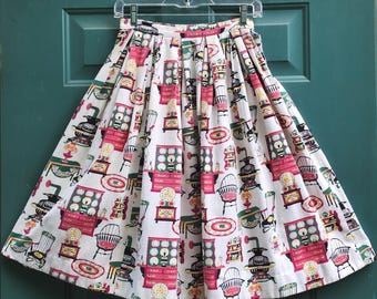 TRUE Vintage 50's Novelty Bark Cloth Skirt w/Pockets Featuring Rocking Chairs, Wood Stoves  sz SM