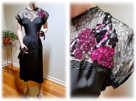 RARE Vintage '40's Beaded Black Rayon Crepe Dress… - image 1