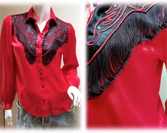 Sexy Vintage '80's Red  & Black Satin Panhandle Slim Western Blouse w/Black Fringe Details  - Coquette Cowgirl Western Shirt sz M