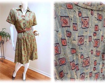 Authentic Vintage '50s Olive Green & Orange Cotton Tiki Dress - Polynesian Hawaiian Fit and Flare Dress sz M-L
