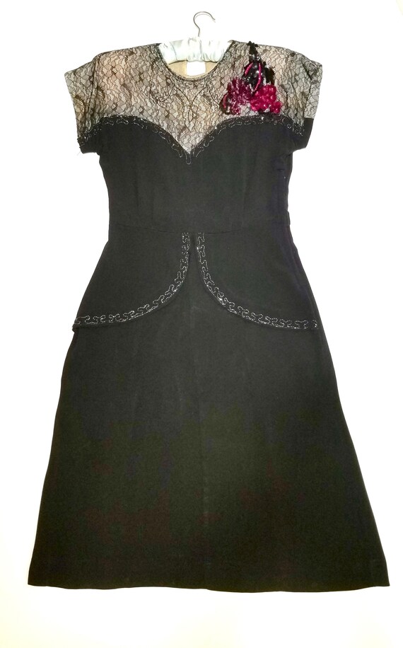 RARE Vintage '40's Beaded Black Rayon Crepe Dress… - image 3
