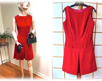 Authentic Vintage '60s MOD ILENE RICKY Red Velvet Mini Dress in Fantastic Condition -  French Cut Neckline, Sleeveless, Drop Waist - sz M-L