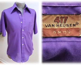 Vintage '70's "Van Heusen 417" Lavender Shirt - 1970's Short Sleeved Purple  Shirt sz M  15-15 1/2