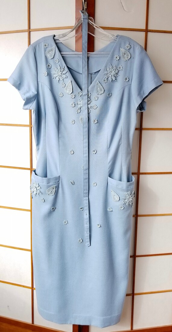 RARE Vintage '50's Sky Blue Linen Sheath Dress w/… - image 5