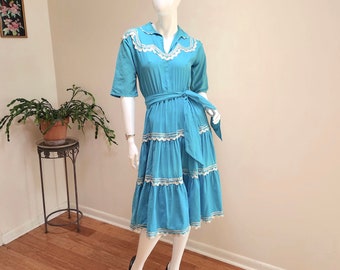 Vintage '50s Blue & Silver Patio Dress-Iconic Southwest Vintage Fashion-3 Tiered Skirt and 3/4 Sleeves + Original Belt-sz S Coquette Cowgirl