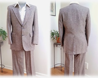 Vintage '80's 2pc DAKS Flecked Tweed Suit - Slim Brown Wool Suit w/Crisp Creased Trousers