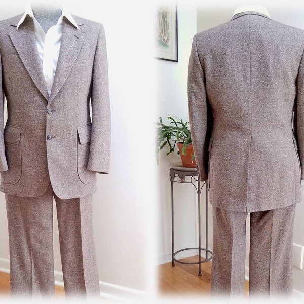 Vintage '80's 2pc DAKS Flecked Tweed Suit - Slim Brown Wool Suit w/Crisp Creased Trousers