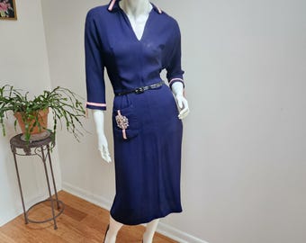 RARE Vintage '40's Women's Blue Rayon Crepe Dress w/Pink Sequins & Beads
