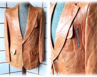 Vintage '70's Scotts Grey Ltd Bronze Leather Blazer Jacket Made in Belgium-Slick Disco Jacket w/Zippered Pockets and Bone Buttons  sz 40